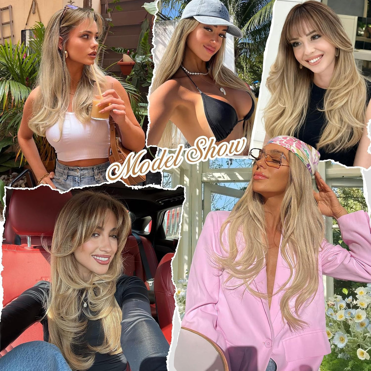 Blonde Wig with Bangs - Long Straight Layered Hair for Women, Natural Look, 26 Inch