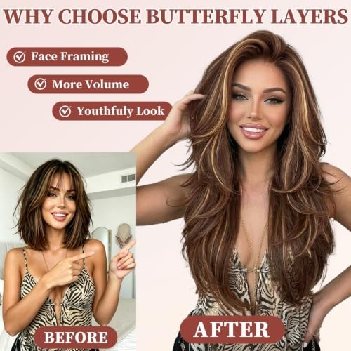 13x4 Lace Front Wig with Feathered Layers - Natural Look, Brown Highlights, 26 Inch