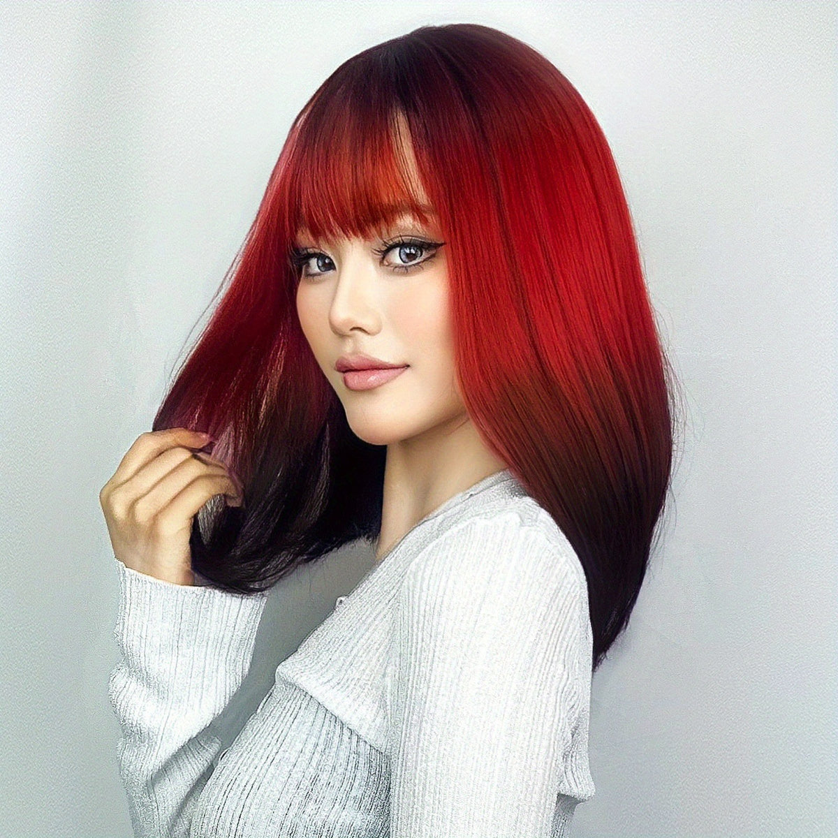 14in Ombre Red Black Synthetic Wig with Bangs for Cosplay & Daily Wear