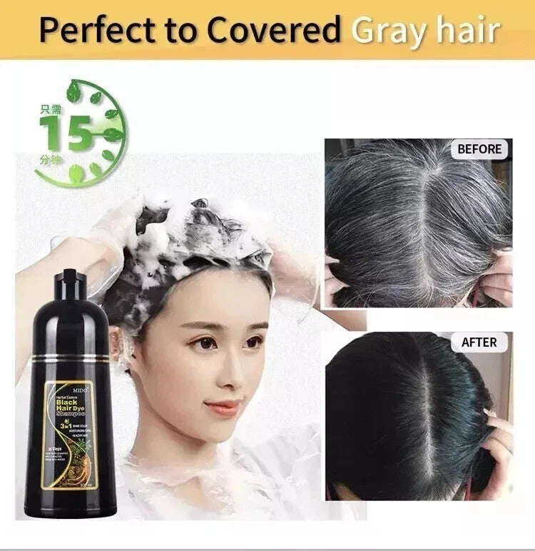 Black Hair Dye Shampoo 3-in-1 Instant Gray Coverage 500mL - Natural Herbal Formula