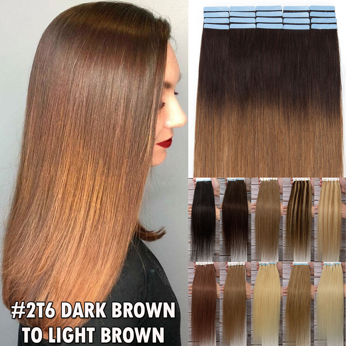Human Hair Extensions Tape-In Full Head 22-Inch Balayage & Dark Colors