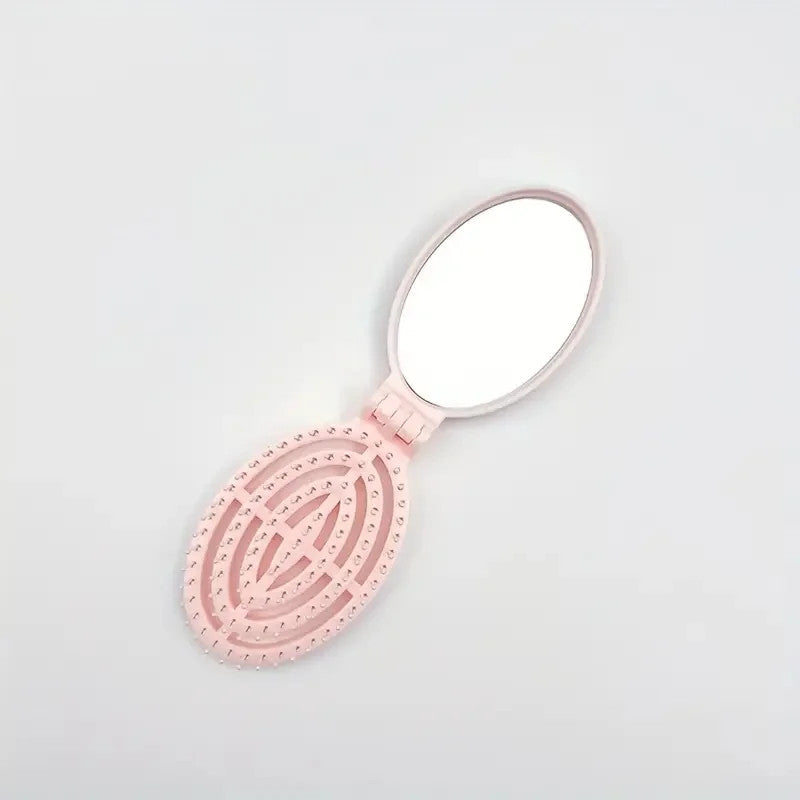 Portable Folding Hair Brush Comb with Mirror - Travel Friendly and Lightweight