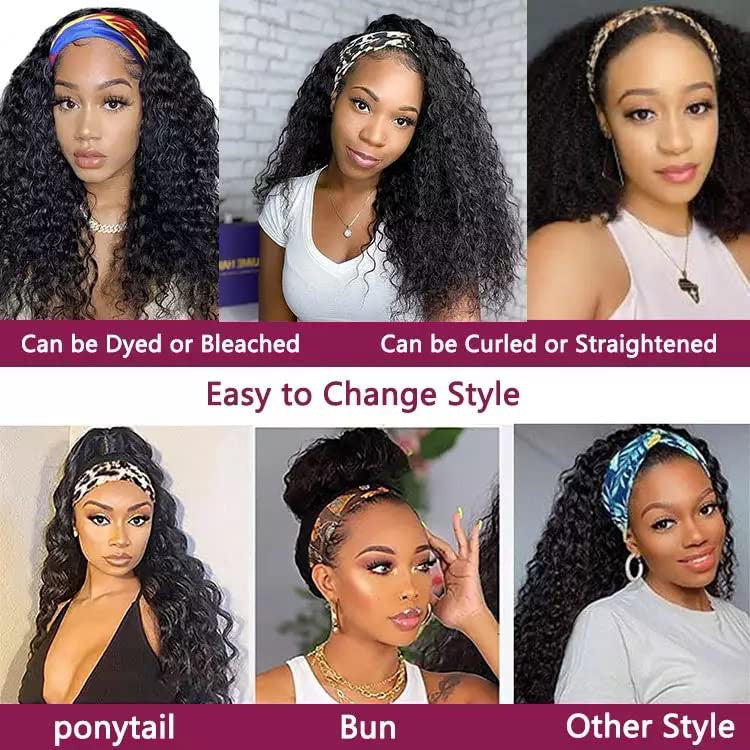 Curly Human Hair Headband Wig 14 Inches Deep Wave Wigs for Women