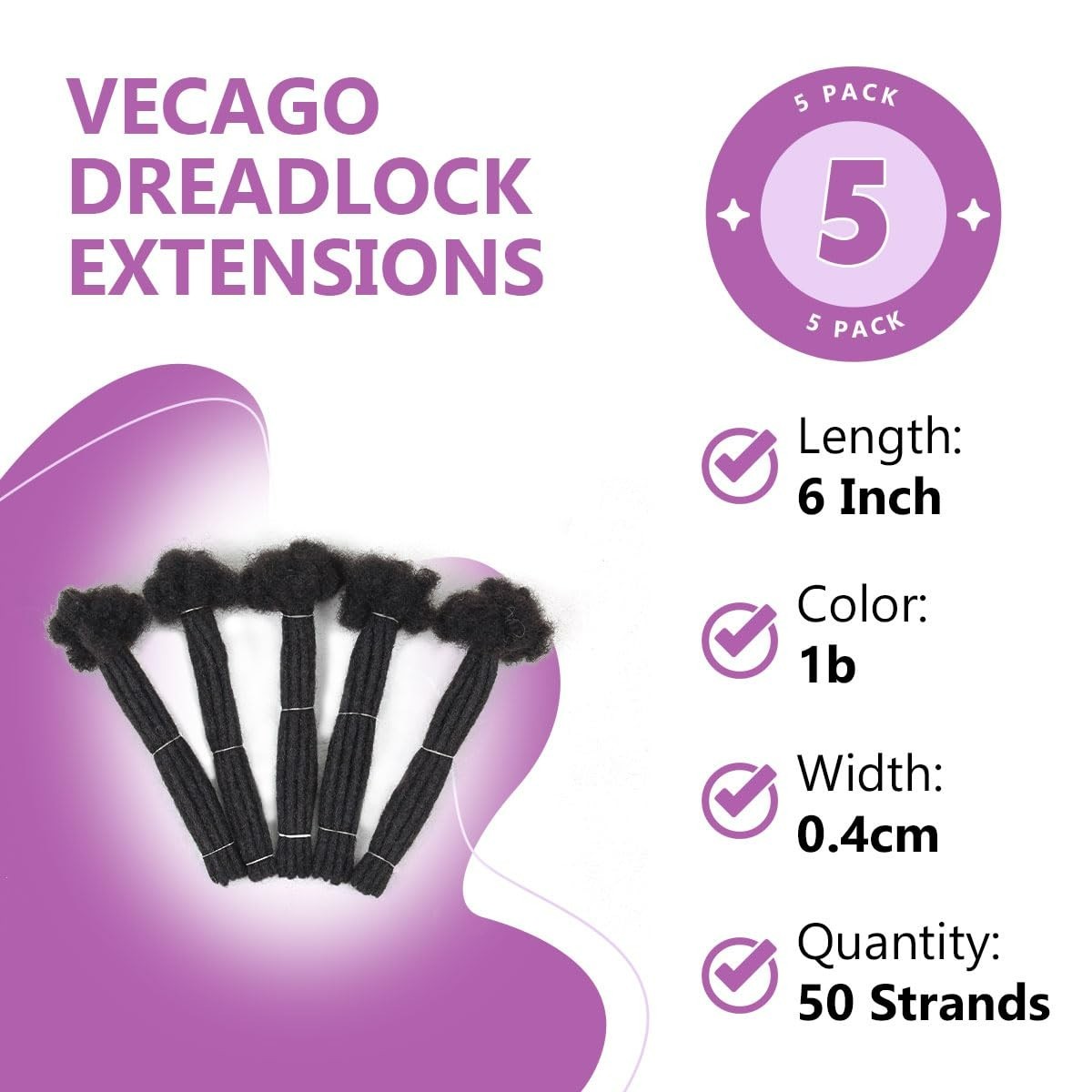 Human Hair Dreadlock Extensions 50 Strands 6 Inch 1B Natural Black