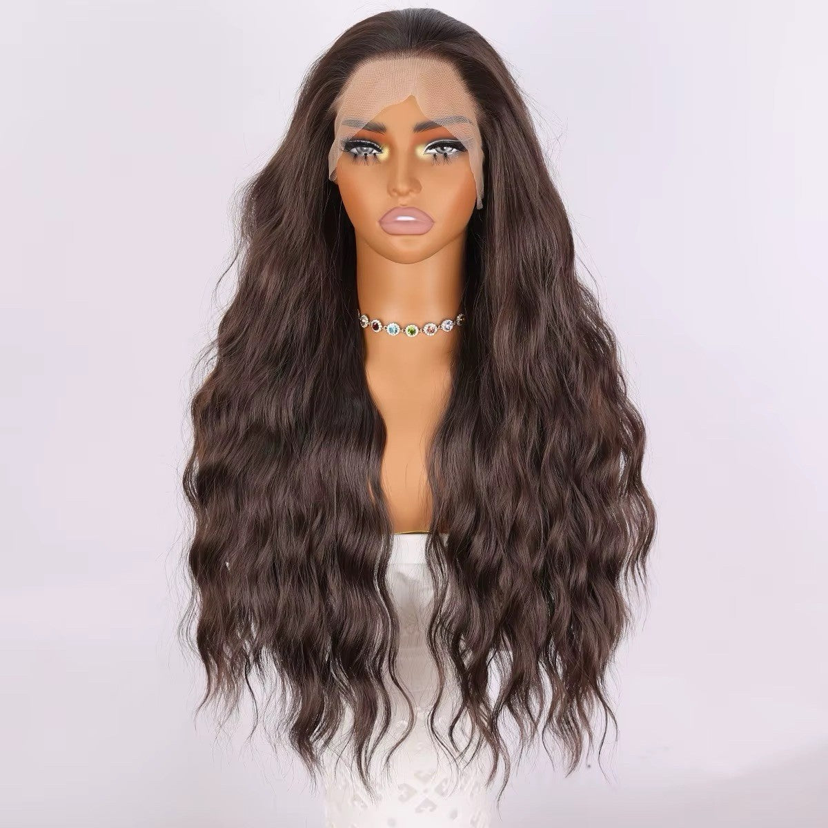 Dark Brown 28-Inch Wavy Lace Front Wig with Transparent 13x3 Cap
