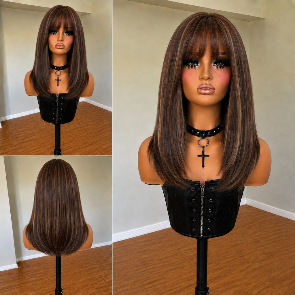 Cosplay Wig with Fringe, Low Shine Mixed Brown Synthetic Bob Hair, Heat Resistant