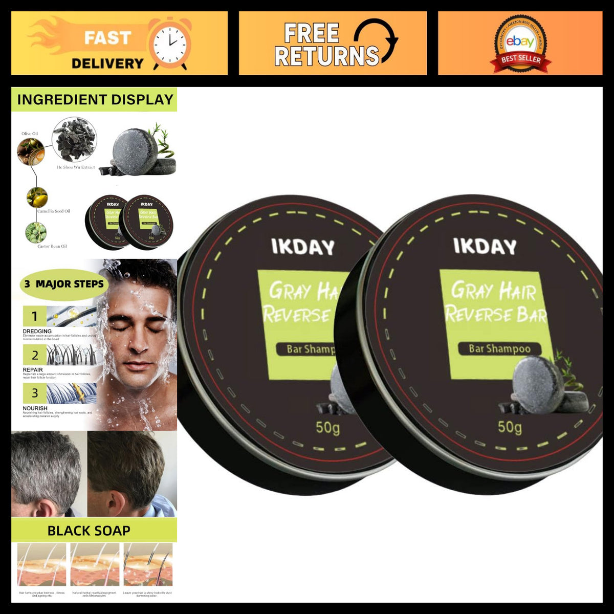 Gray Hair Darkening Shampoo Bar - Sulfate-Free Vegan Hair Care for Men & Women