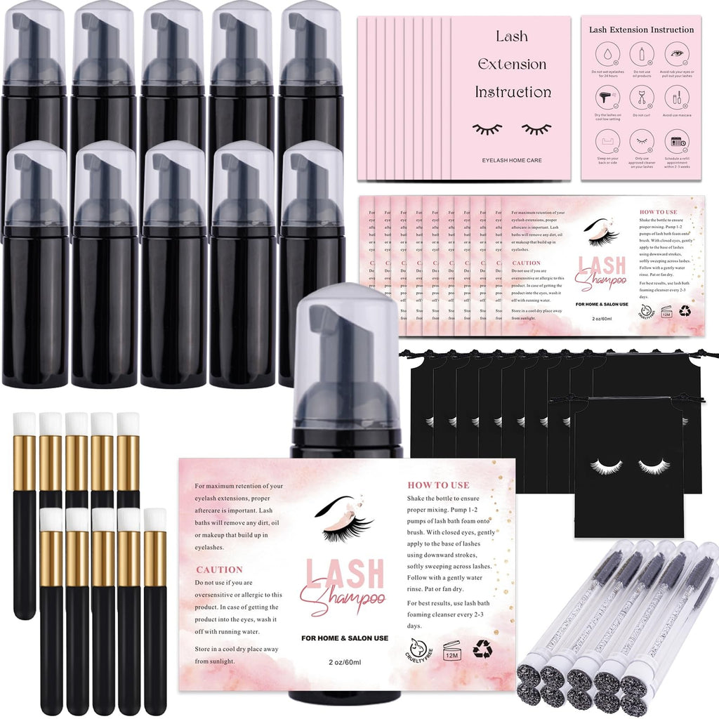 Lash Shampoo Bottles and Brushes Set for Eyelash Care - 60 Pieces, Waterproof Labels