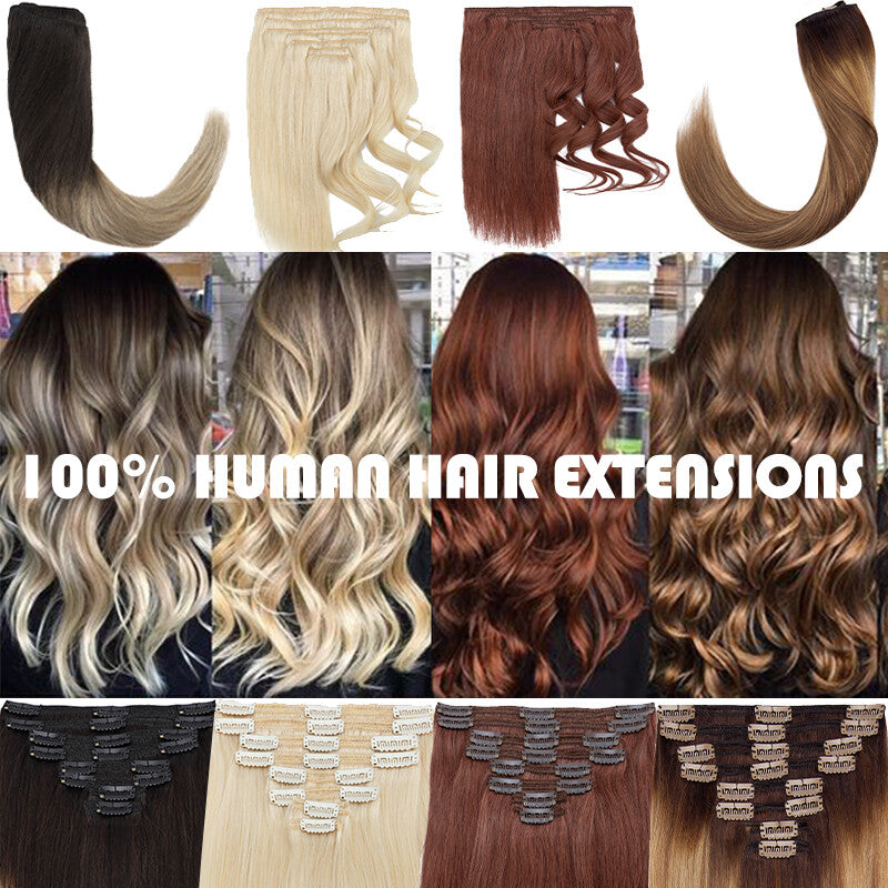 Remy Clip-In Hair Extensions Full Head Set - Blonde, Brown, Black, Wavy & Straight