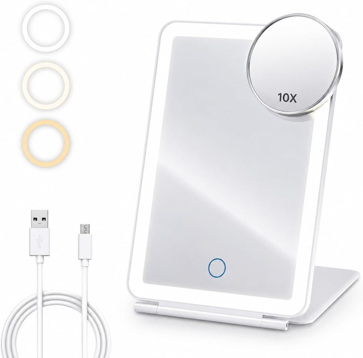 Rechargeable Travel Makeup Mirror with Lights, 10x Magnifier, 72 LEDs, 3 Color Modes