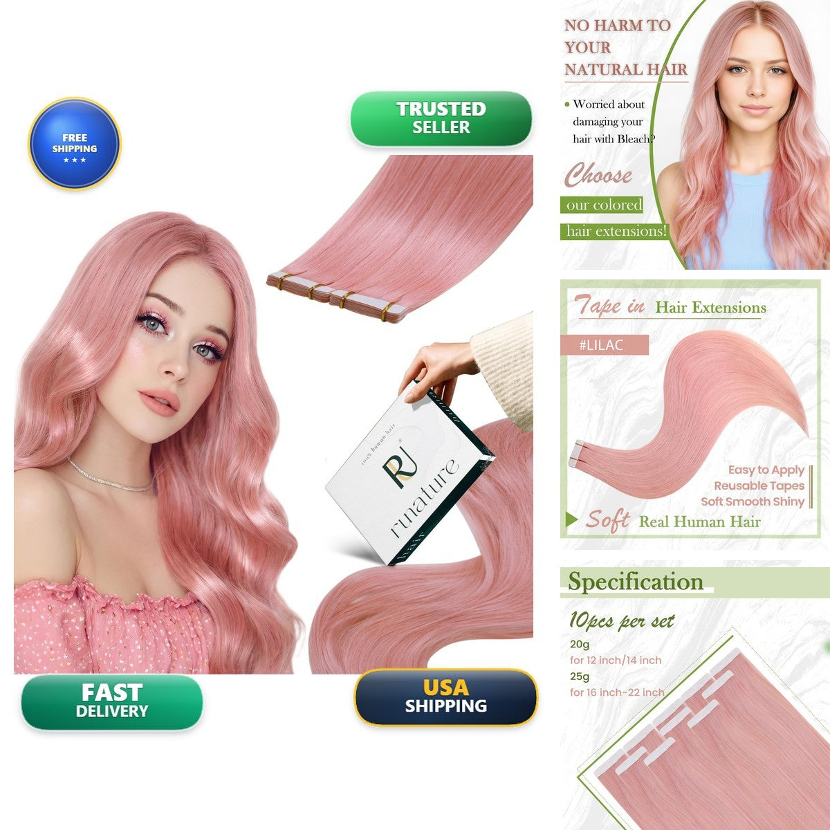 Light Pink Tape-in Hair Extensions 18 Inch 25g 10 Pieces Human Hair