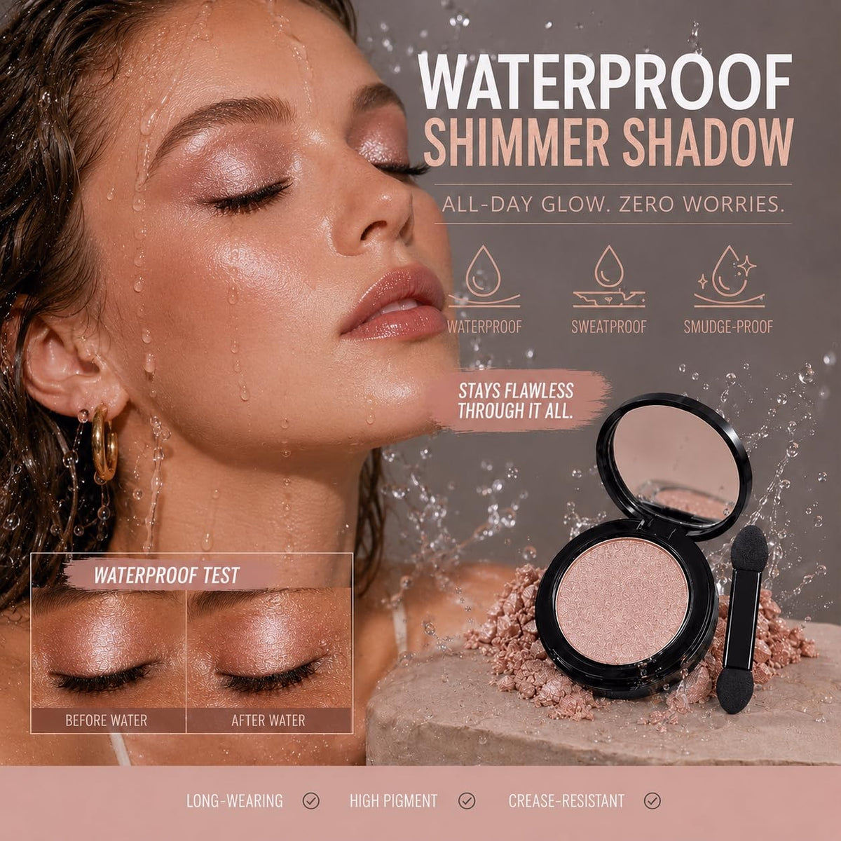 Pink Champagne Shimmer Eyeshadow with Mirror - Long Lasting 1.16 oz