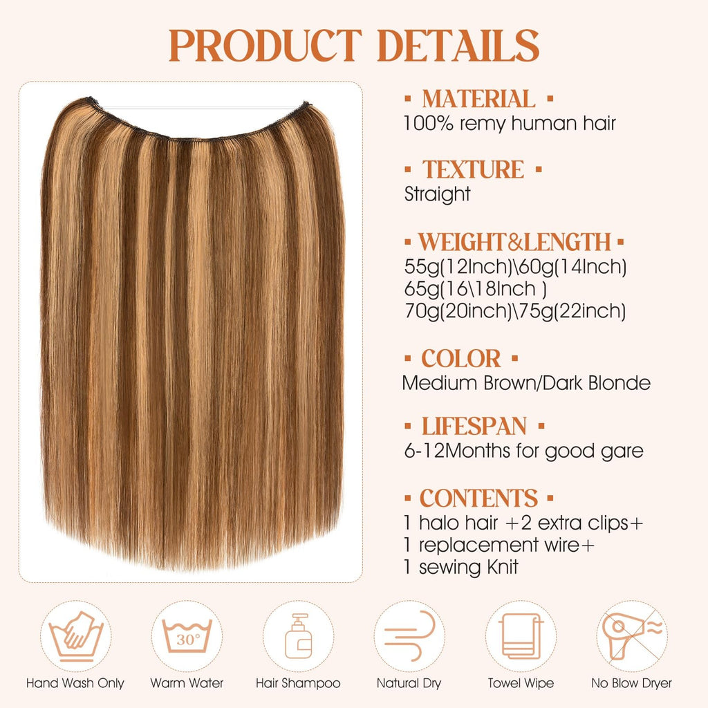 Wire Hair Extensions 16 Inch Medium Brown Dark Blonde Human Hair Voluminous Length