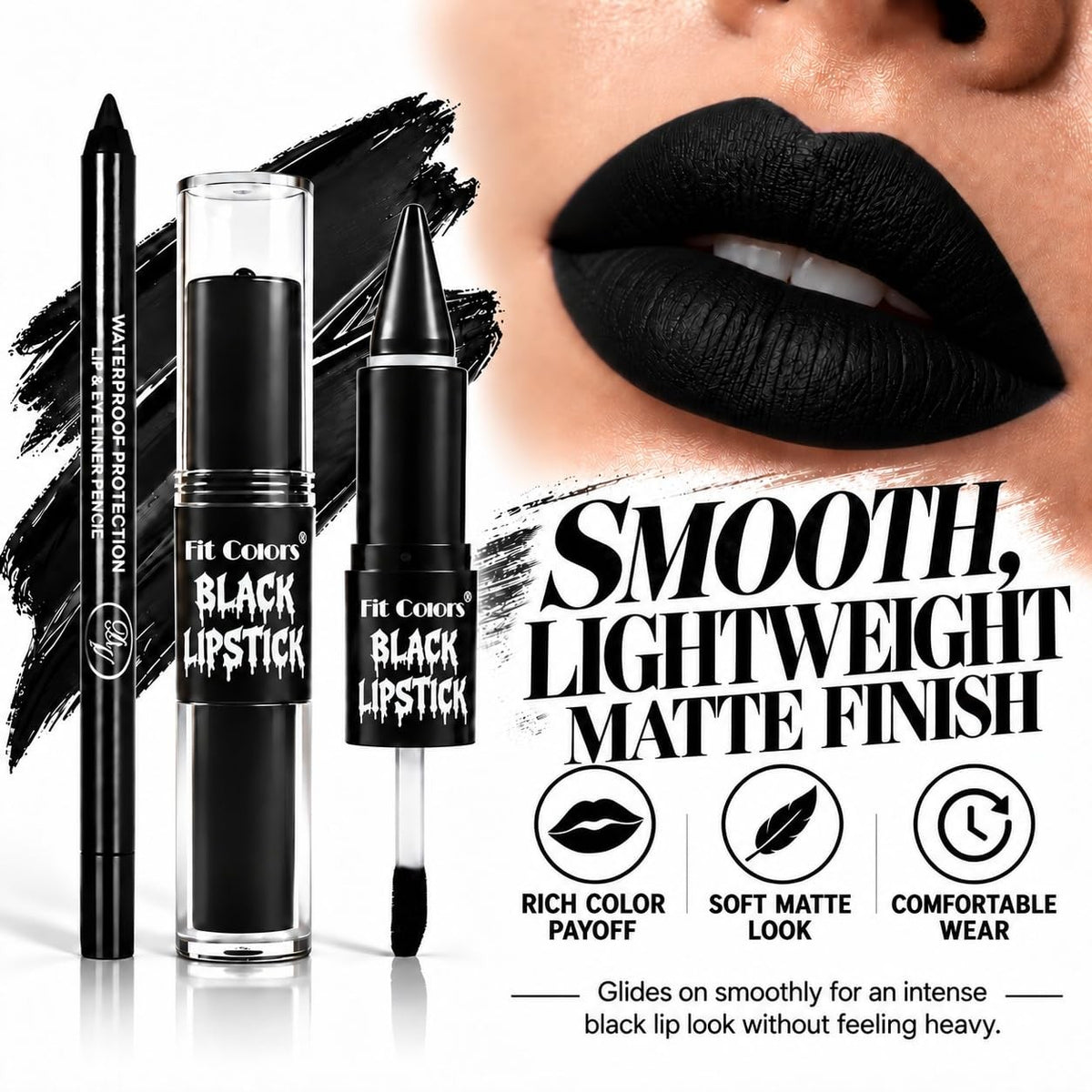 Black Liquid Lipstick & Lip Liner 2-in-1 Set - Waterproof Matte Finish