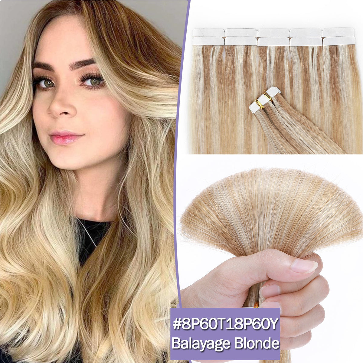Tape-In 100% Remy Human Hair Extensions Full Head Balayage Ombre