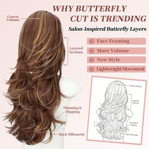 13x4 Lace Front Wig with Feathered Layers - Natural Look, Brown Highlights, 26 Inch