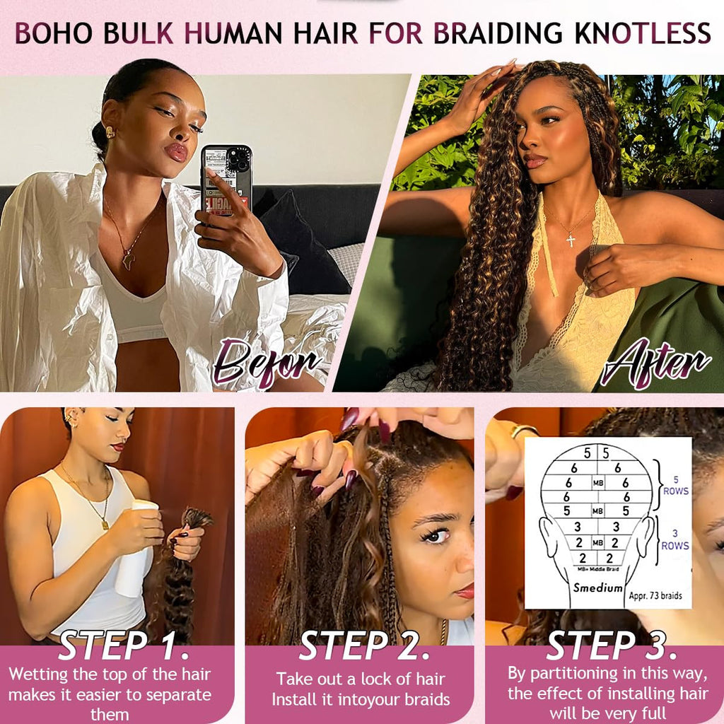 Human Braiding Hair for Boho Braids 20 Inch 120G Highlight Balayage Deep Wave