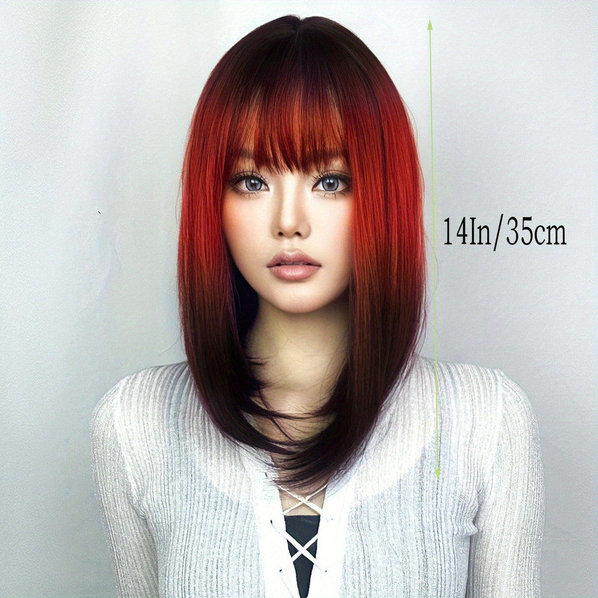 14in Ombre Red Black Synthetic Wig with Bangs for Cosplay & Daily Wear