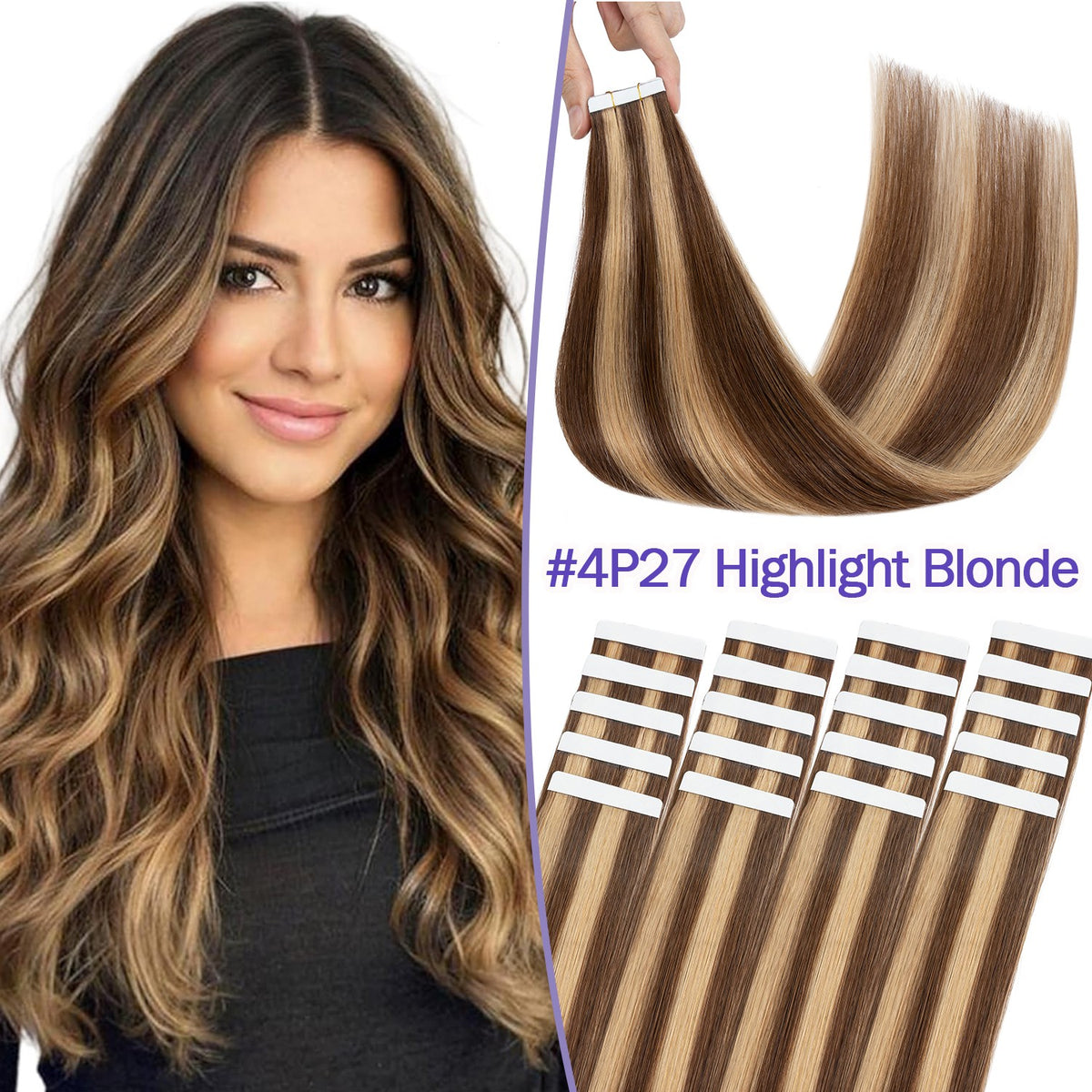 Tape-In 100% Remy Human Hair Extensions Full Head Balayage Ombre