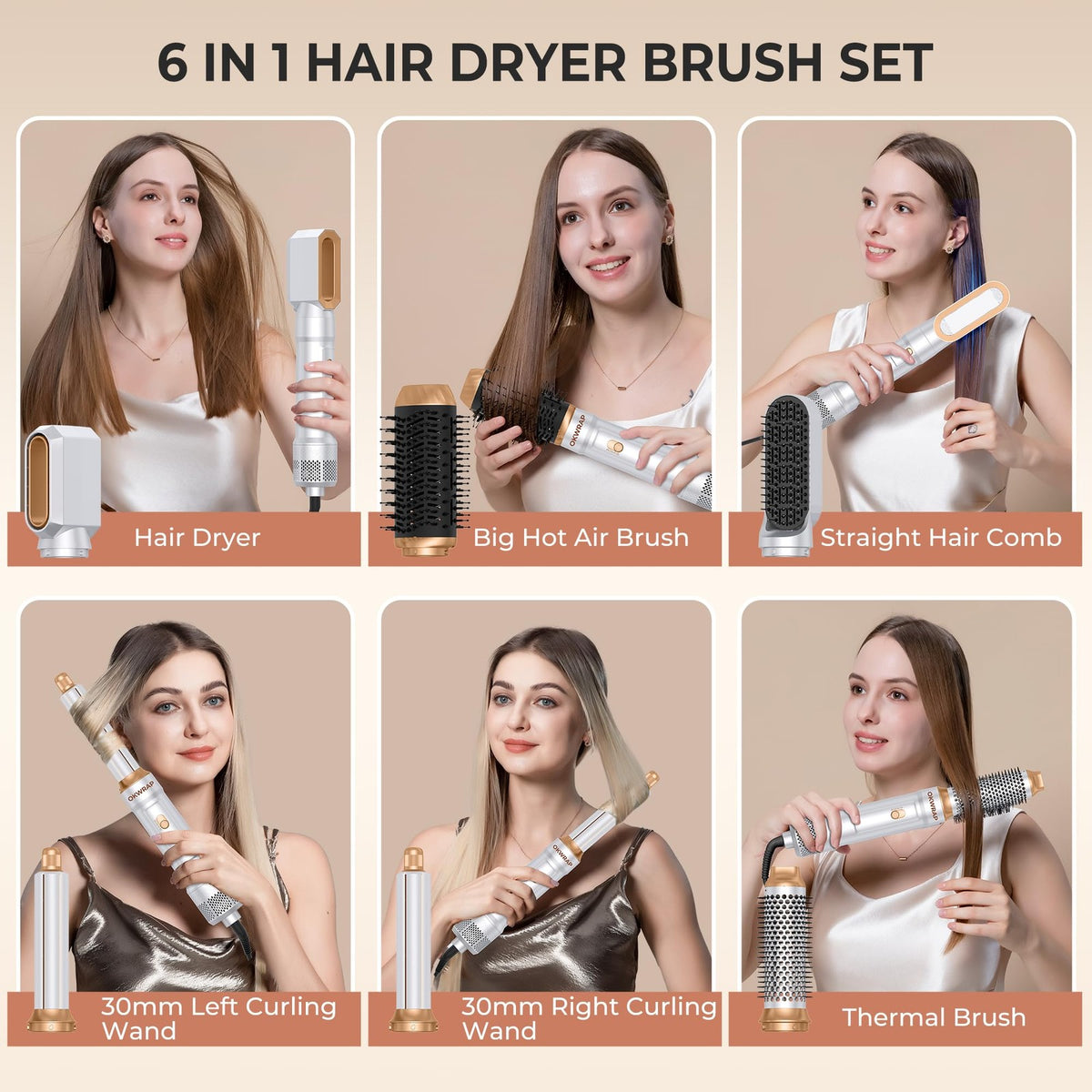 6-in-1 Hair Dryer Brush Curling Wand Set Ionic Air Styling Tools