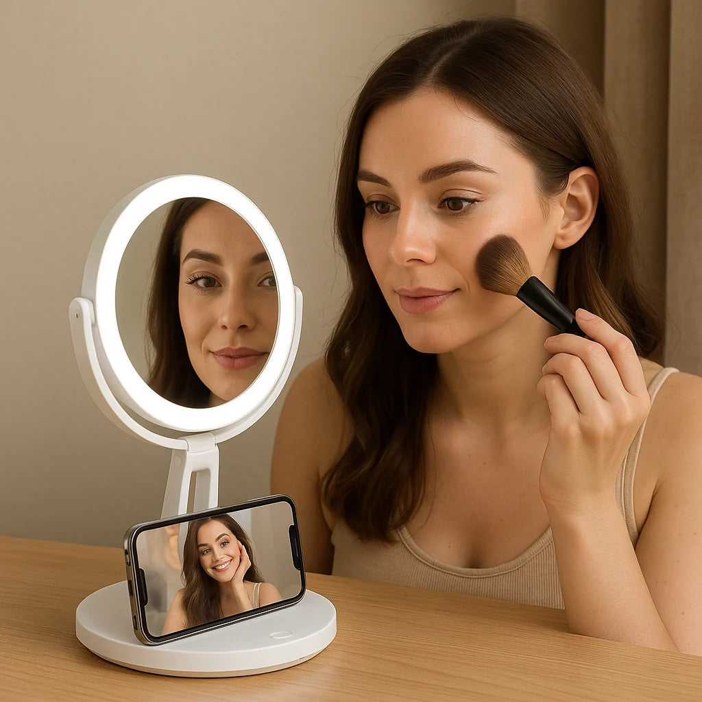 Dual-Sided LED Travel Makeup Mirror with Phone Stand