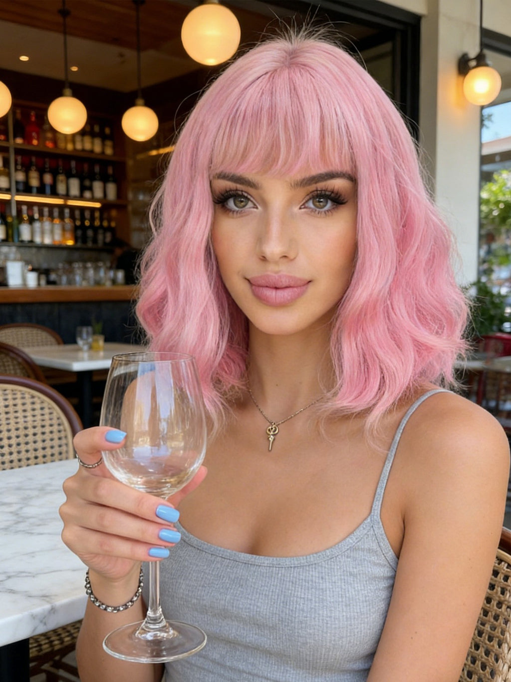 Pink Short Wavy Bob Wig with Flat Bangs - Synthetic Costume Hair for Women