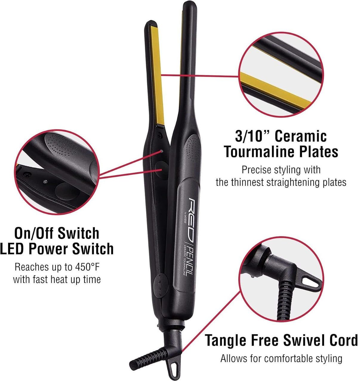 0.3 Inch Tourmaline Flat Iron for Short Hair - 450°F Adjustable Temperature