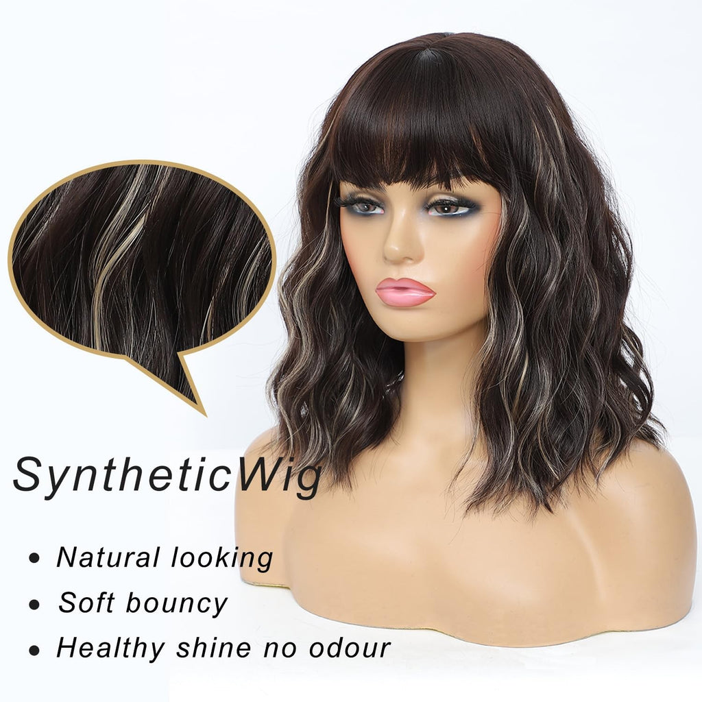 Blonde Highlight Bob Wig with Bangs for Women - Short Curly Wavy Synthetic Hair