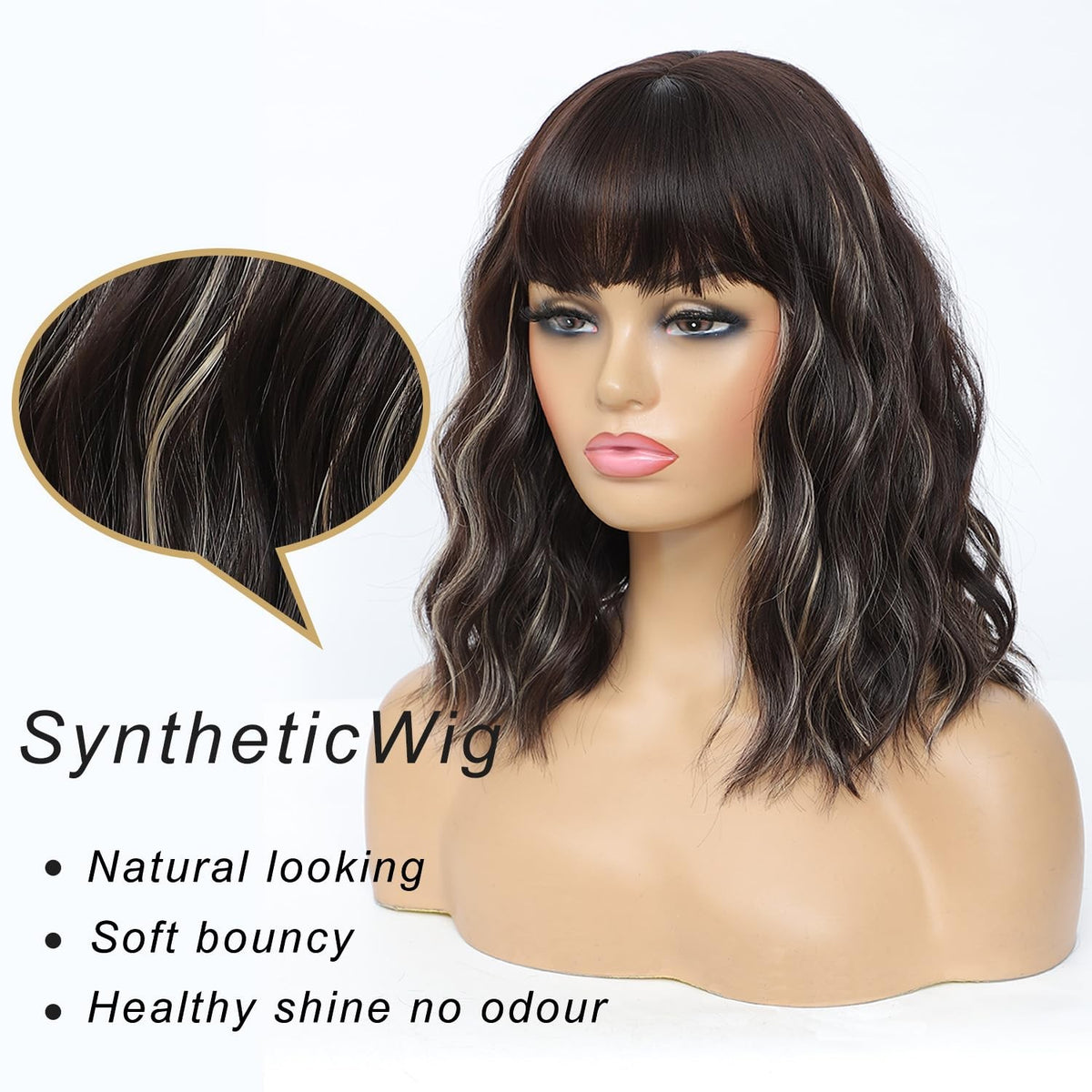 Blonde Highlight Bob Wig with Bangs for Women - Short Curly Wavy Synthetic Hair