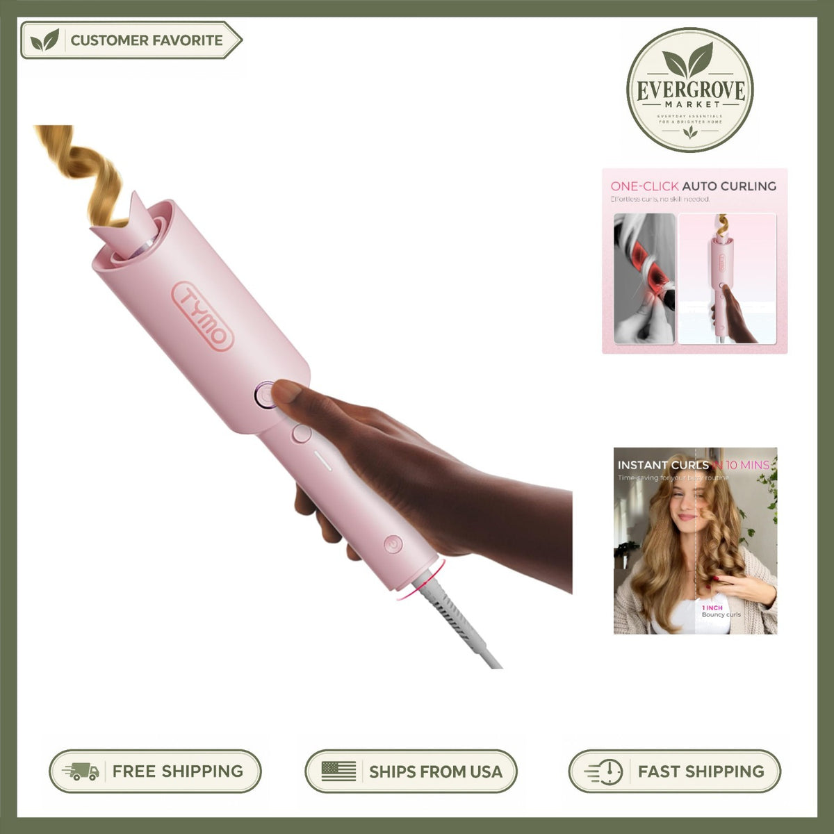 1-Inch Tourmaline Ceramic Curling Iron with Anti-Scald Safety - Pink Finish