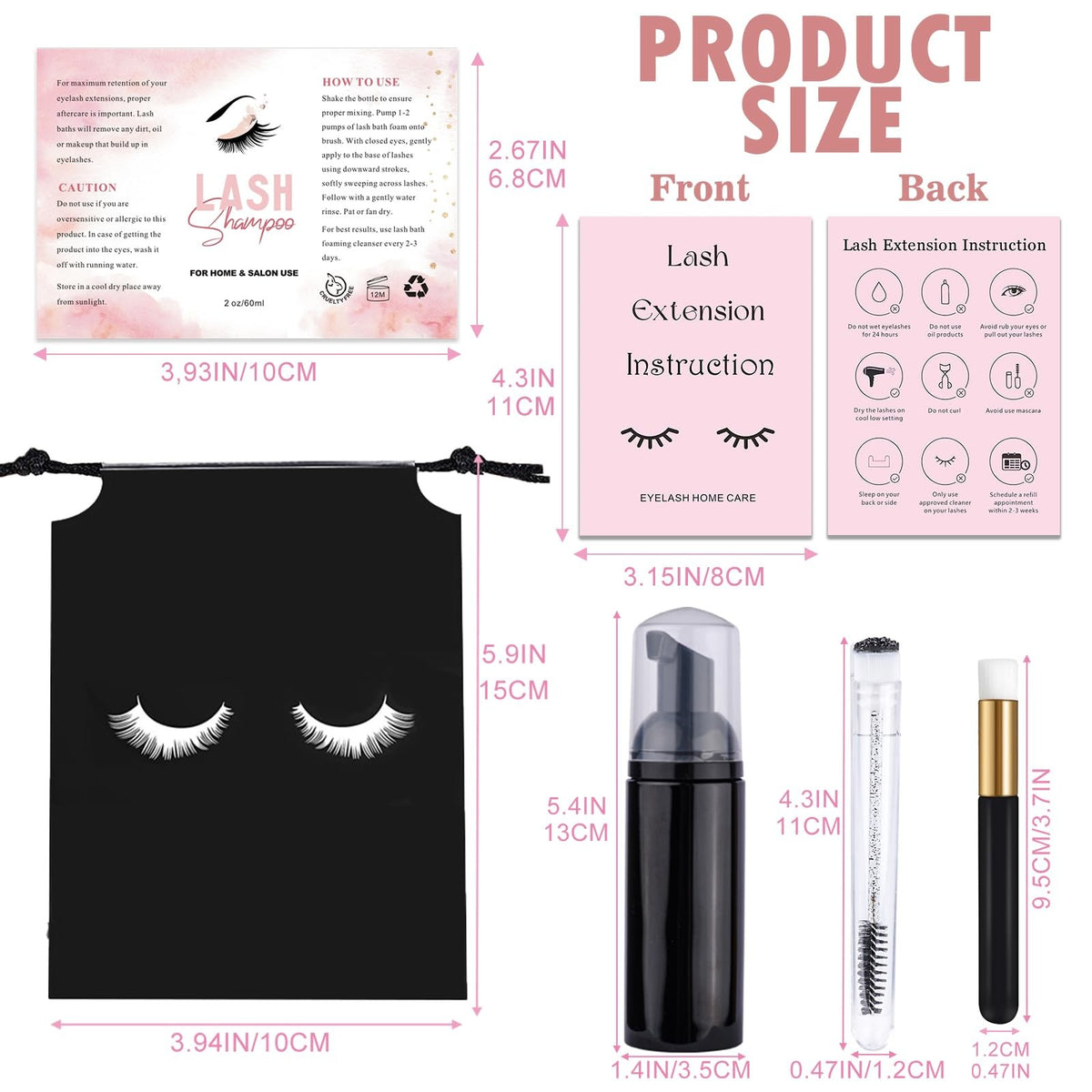 Lash Shampoo Bottles and Brushes Set for Eyelash Care - 60 Pieces, Waterproof Labels