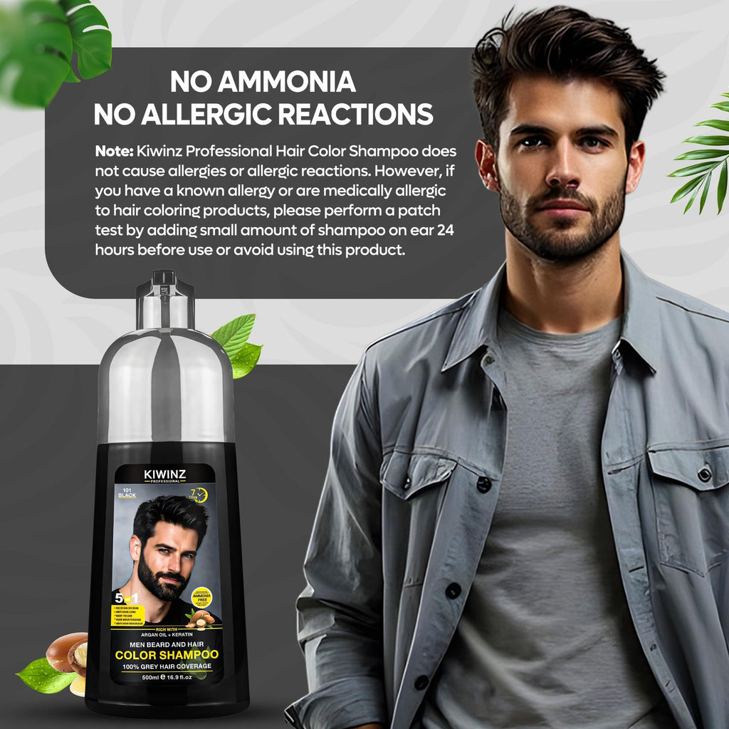Black Hair Color Shampoo for Men - 5 in 1 Grey Hair Dye, Natural & Ammonia-Free - 500ml