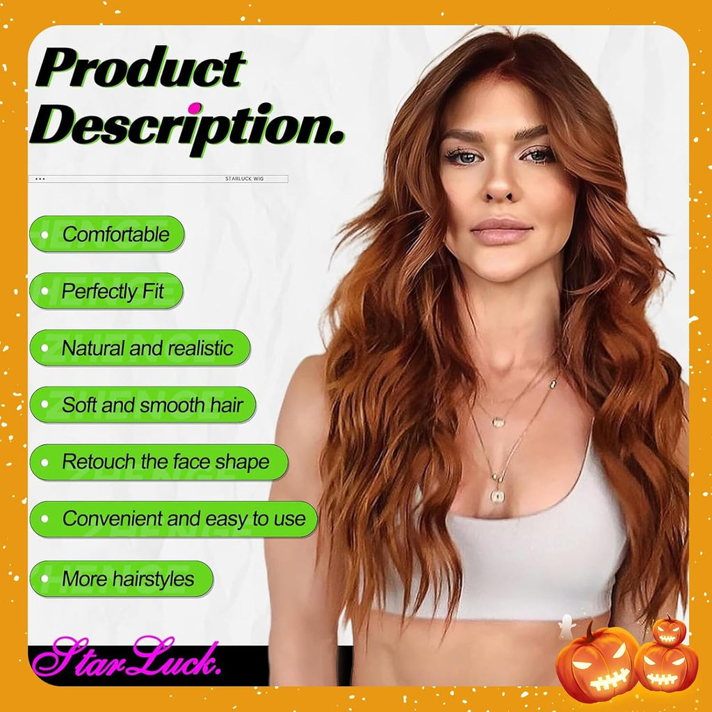 Long Ombre Auburn Wavy Wig for Women - 26 Inch Curly Synthetic Hair