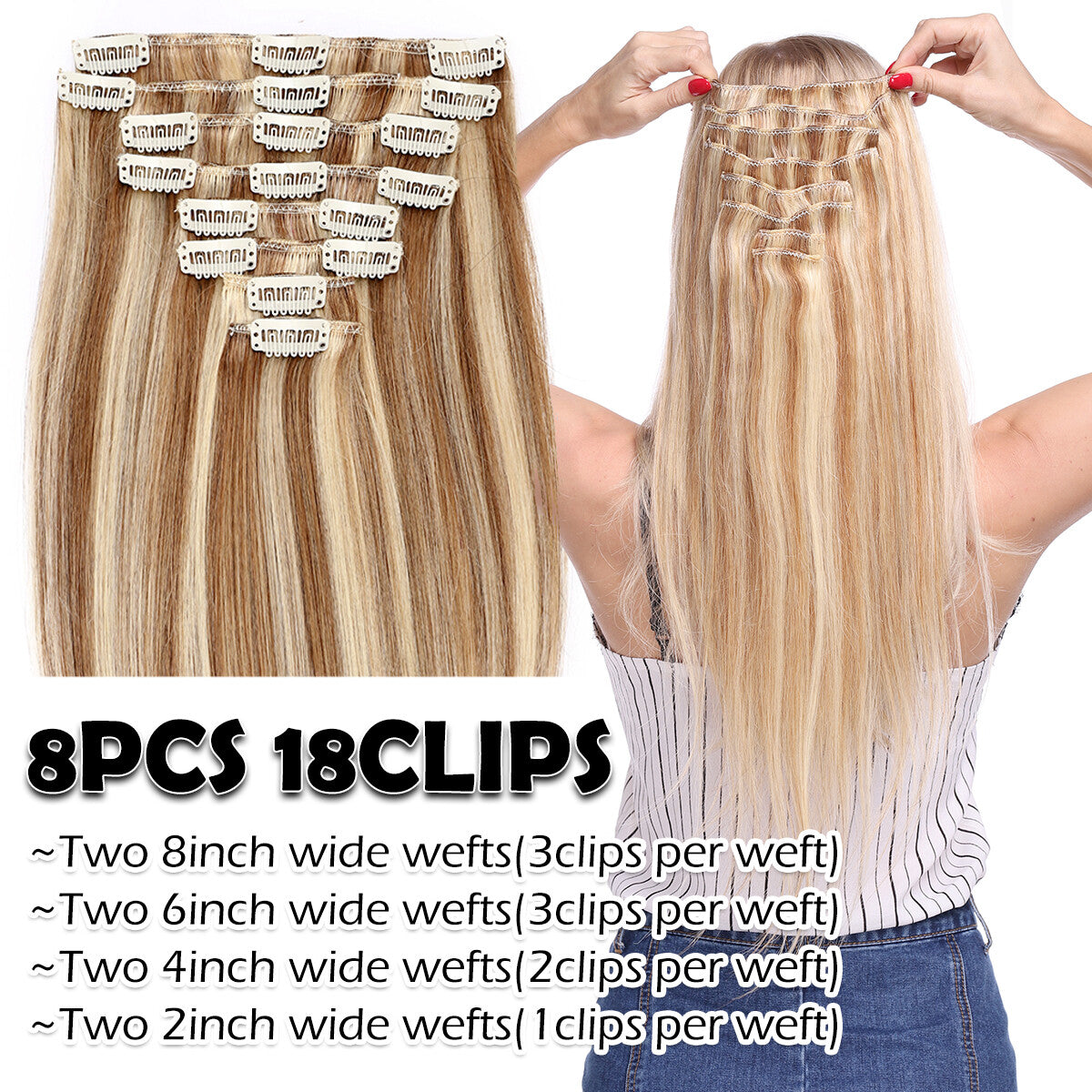 Clip-In Hair Extensions Full Head 8 Pieces Remy Human Hair 4-24 Inches