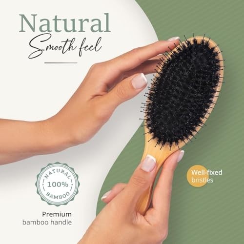 Boar Bristle Hair Brush for Detangling & Styling - Bamboo Oval Comb