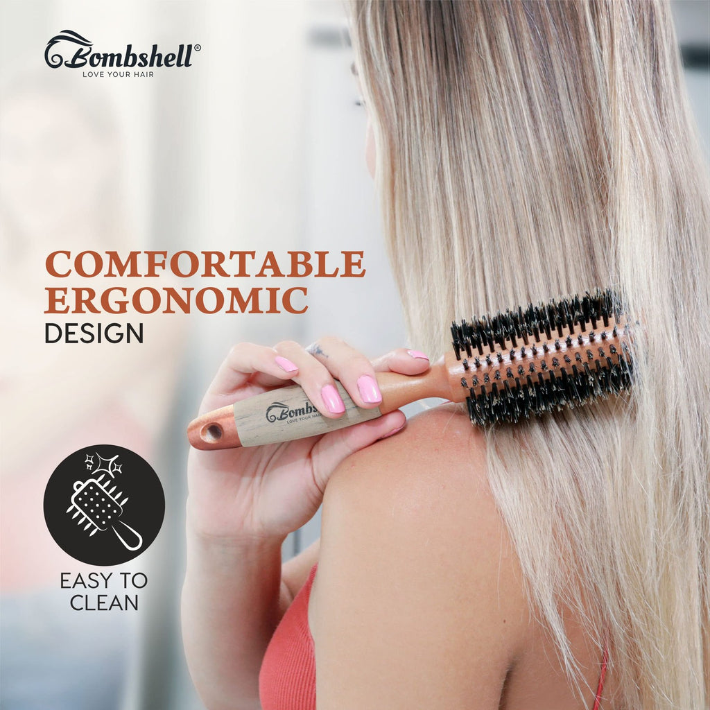 2.25 Inch Birch Wood Round Hair Brush with Boar & Nylon Bristles - Styling & Blow Drying