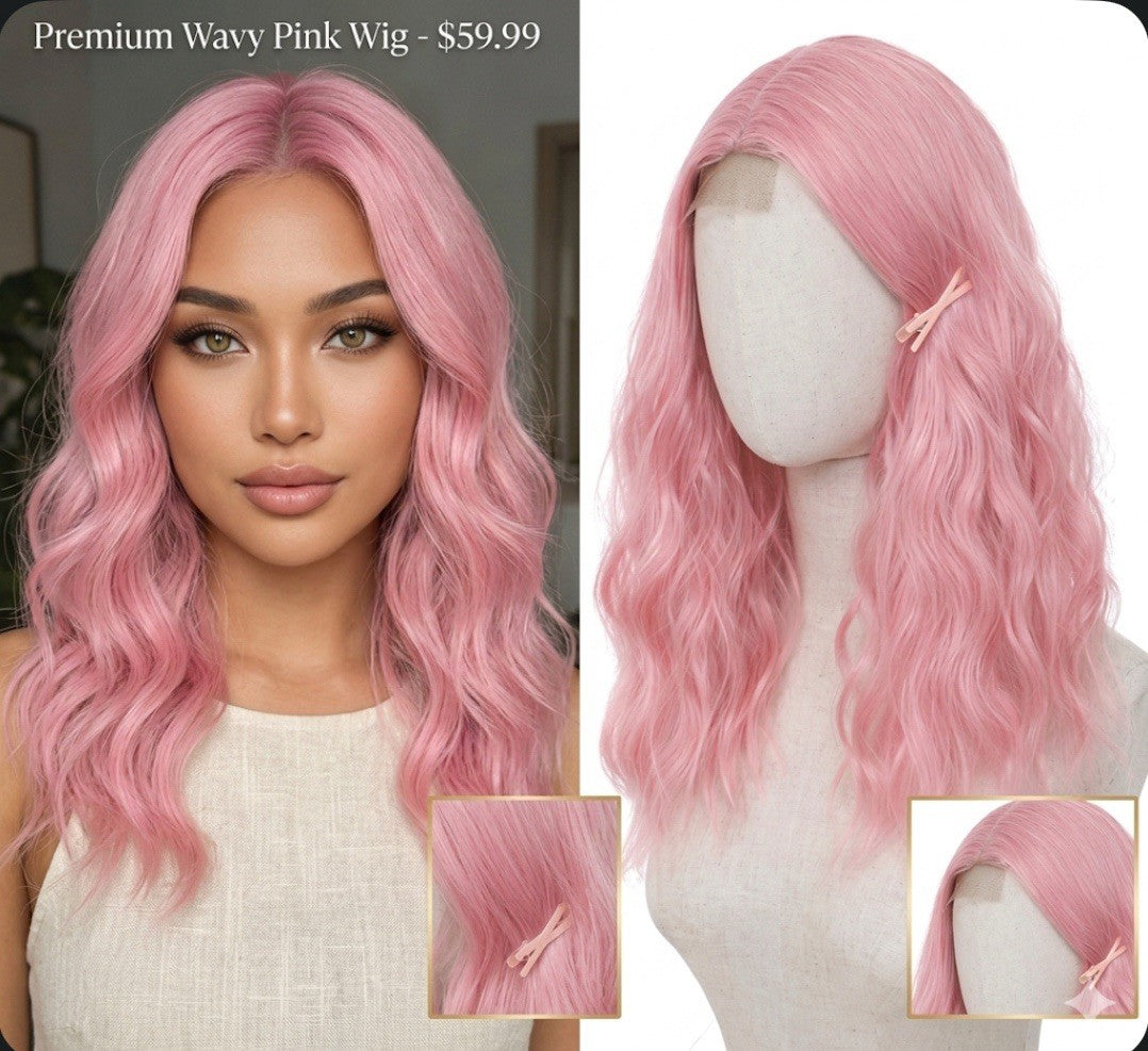 Pink Wavy Wig 18 Inch Synthetic Hair with Middle Part for Cosplay & Daily Wear
