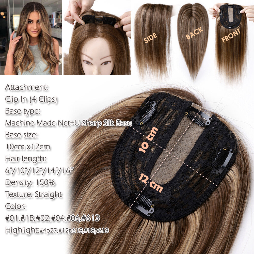Remy Human Hair Clip-In Hair Topper with Silk or Mono Base - Natural & Dark Colors