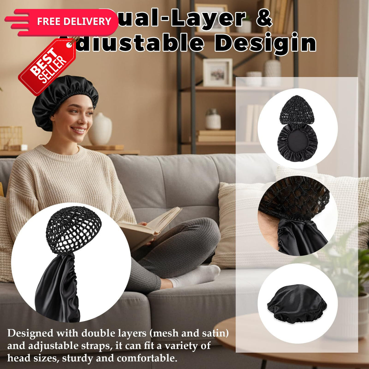 2 Pack Black 2-in-1 Hair Wrap Cap and Bonnet for Silk Press & Natural Hairstyles