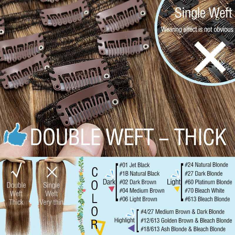Thick Remy Clip-In Hair Extensions Full Head Double Weft Human Hair