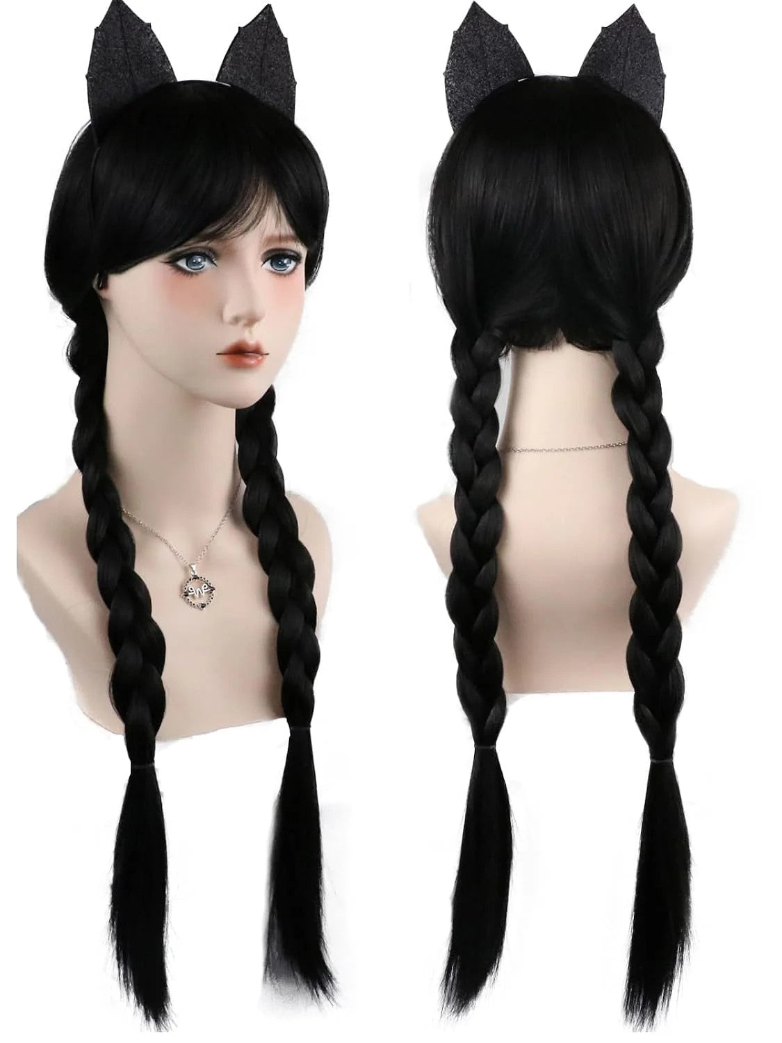 Wednesday Addams Costume Wig Set with Hand Necklace & Headband - Black Braided Cosplay