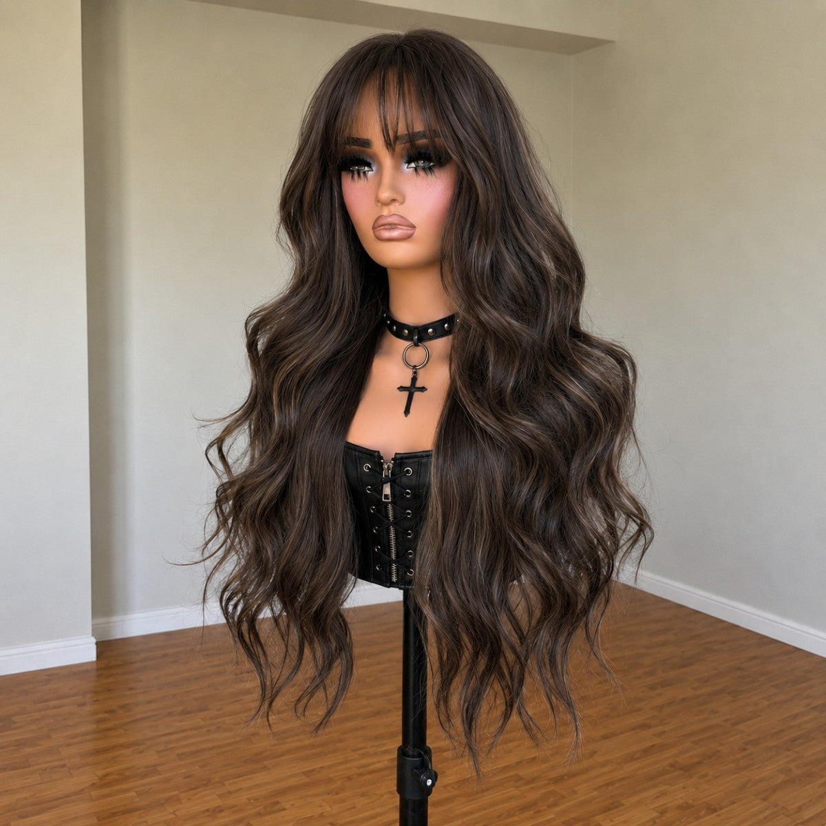 Long Wavy Synthetic Wig with Bangs - Brown Dress Up Hair Extension