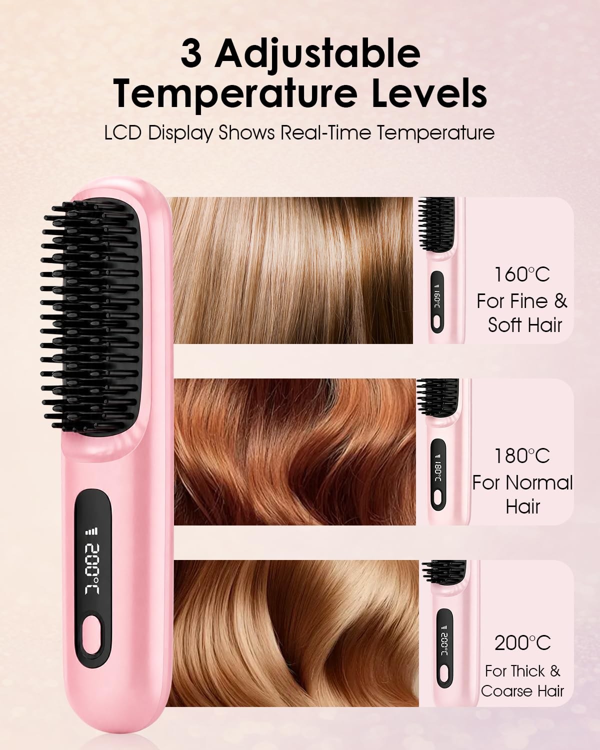 Cordless Ionic Hair Straightener Brush with 3D High-Density Teeth & Digital Temp Control