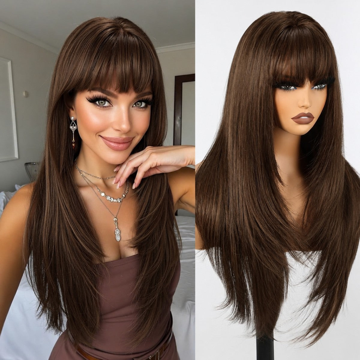 Long Straight Synthetic Halloween Wig with Bangs - Choc Brown Cosplay Party Hair