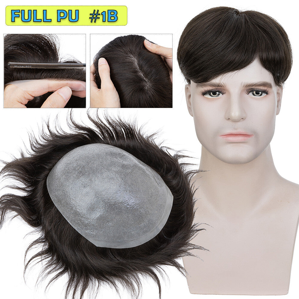 Men's Hair Replacement Toupee - Natural Human Hair Full Skin PU Hair System