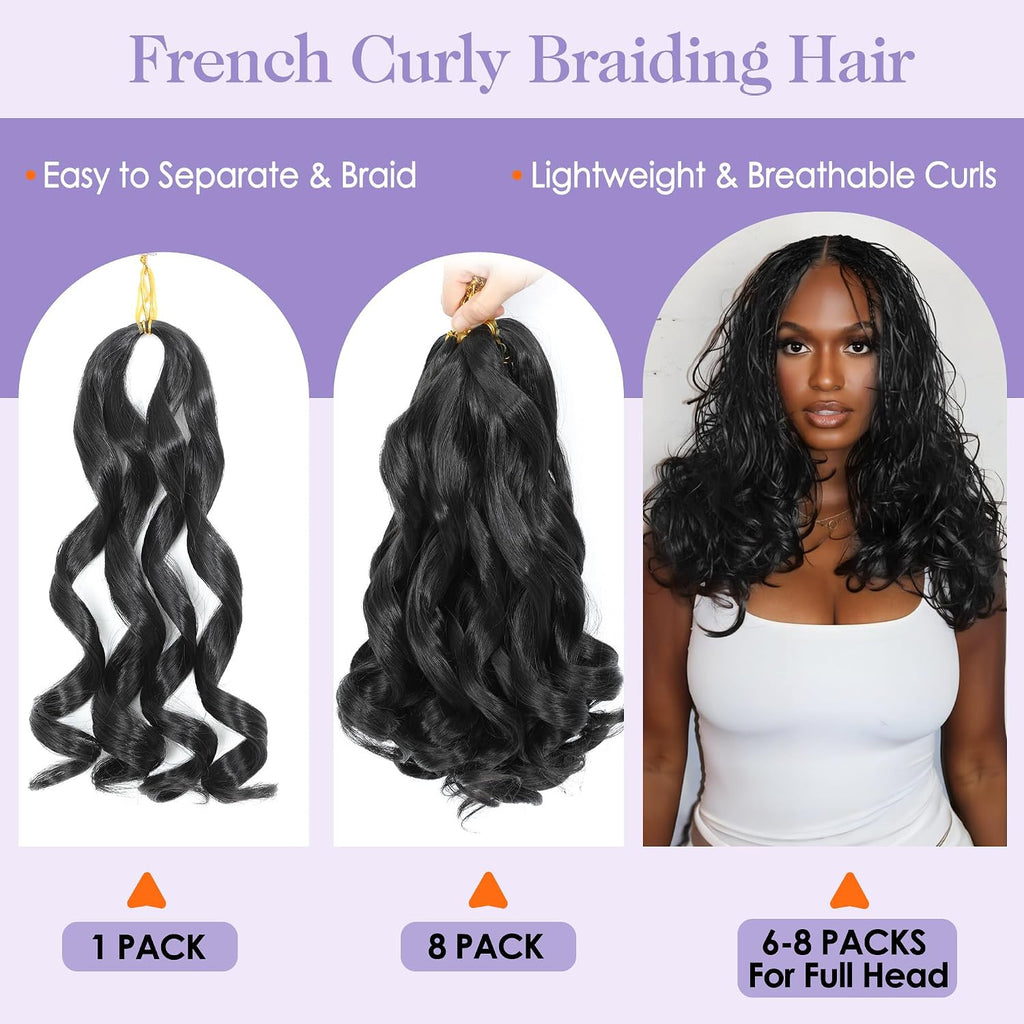 French Curly Braiding Hair 8 Pack 12 Inch Pre-Stretched Natural-Looking Curls