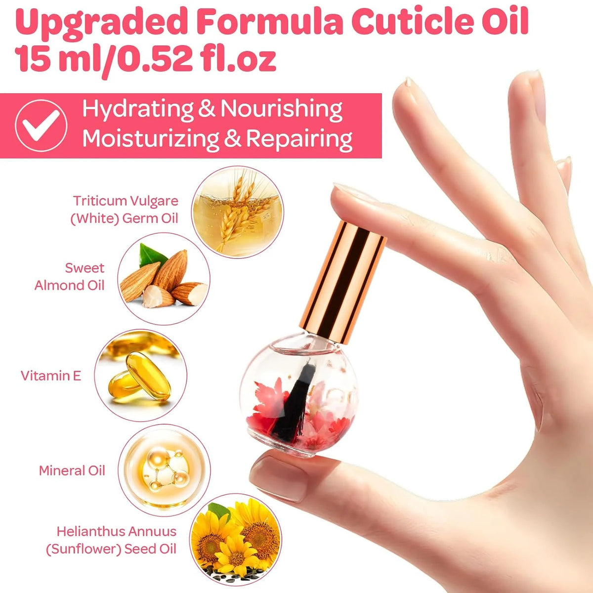 Strawberry Scented Cuticle Oil with Real Flowers - Hydrating Nail Care, 15ml