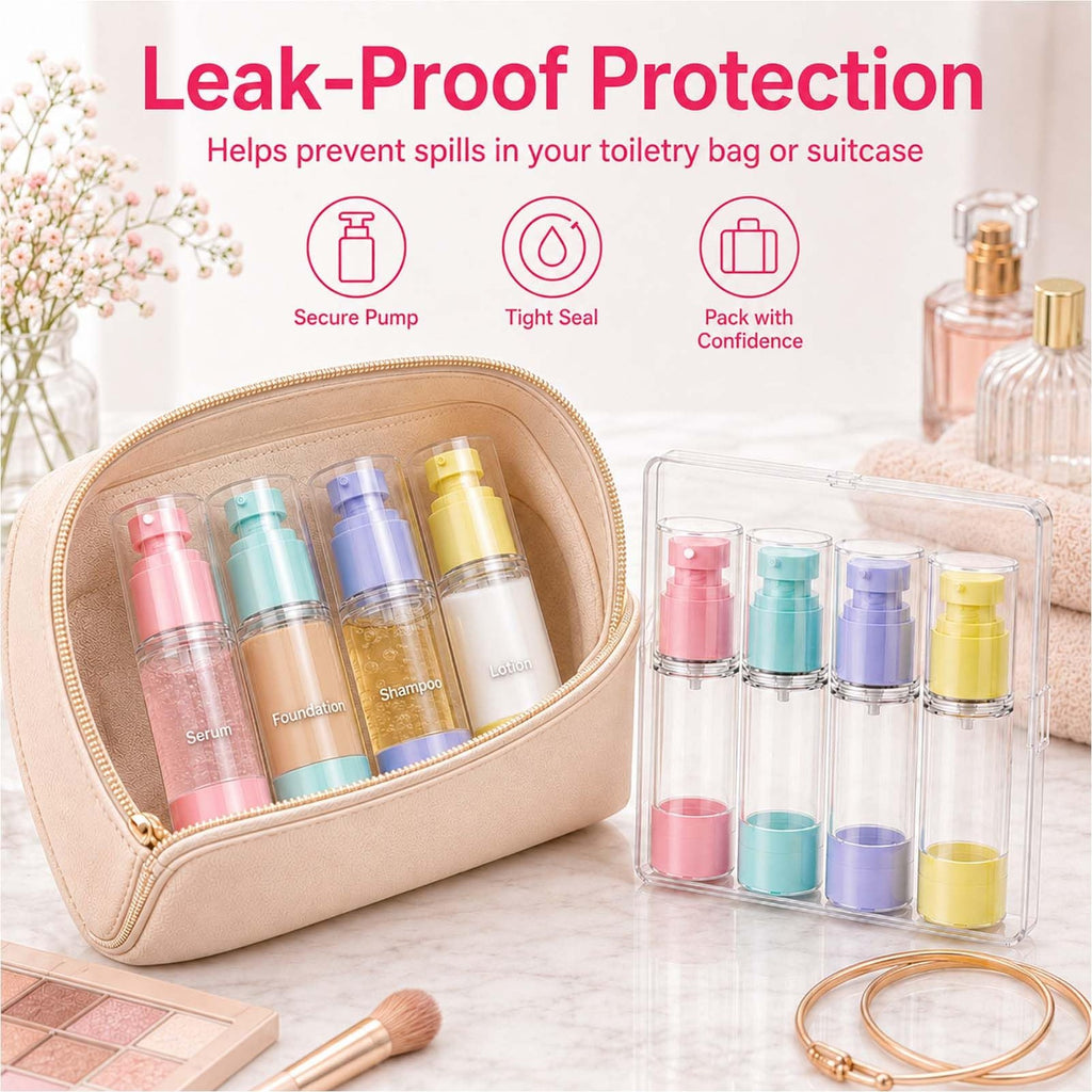 4 Pack Travel Airless Pump Bottles - Leakproof 1 oz Cosmetic Dispensers for Toiletries
