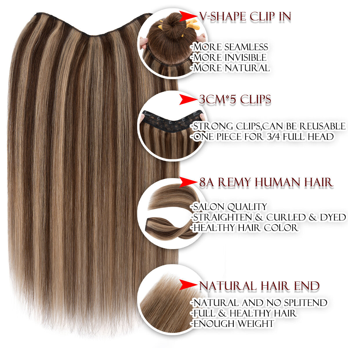 Clip-In Hair Extensions 100% Human Remy Hair Full Head V-Shape Long Styles