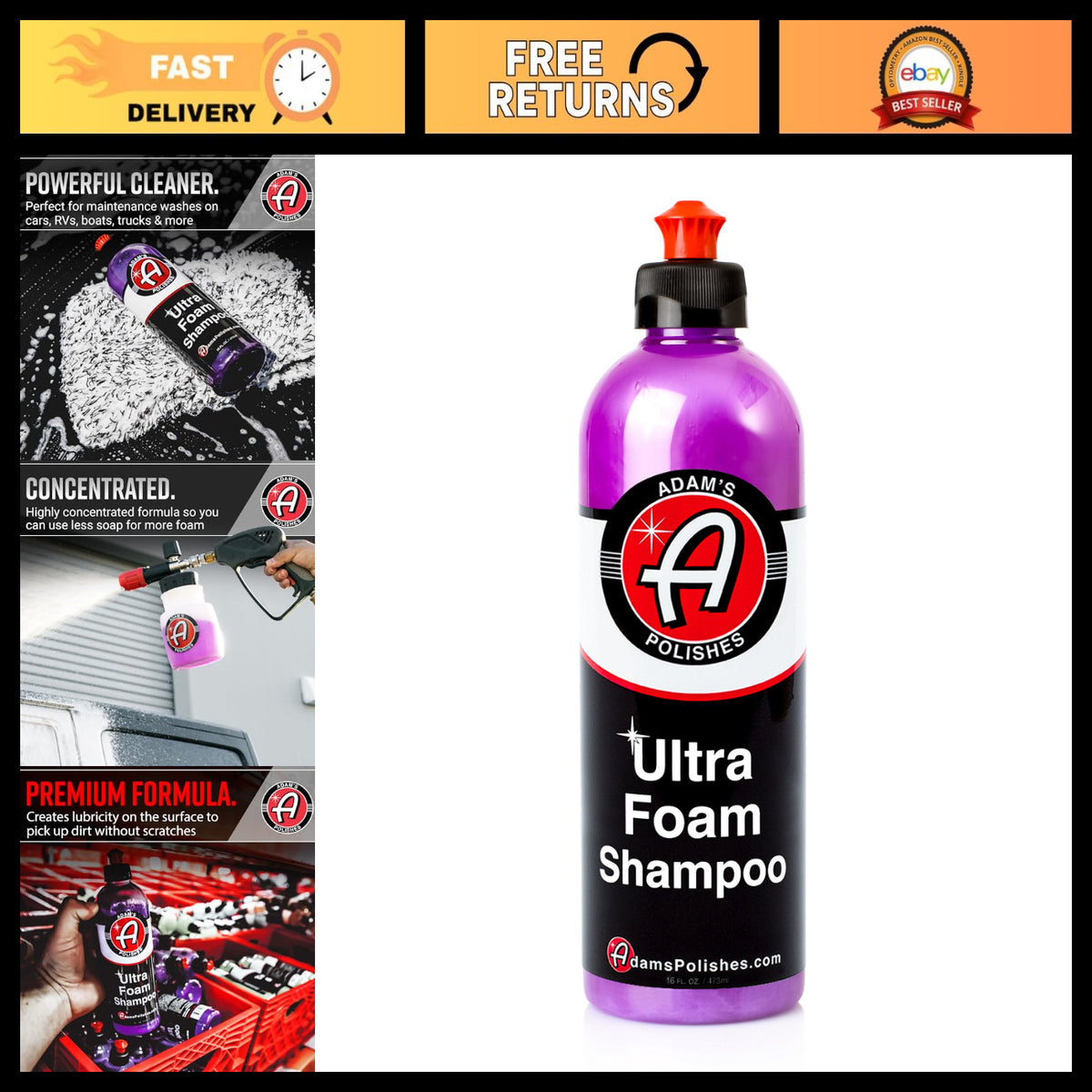 Ultra Foam Car Shampoo 16oz - pH Neutral, Sudsy Wash for Safe Vehicle Cleaning